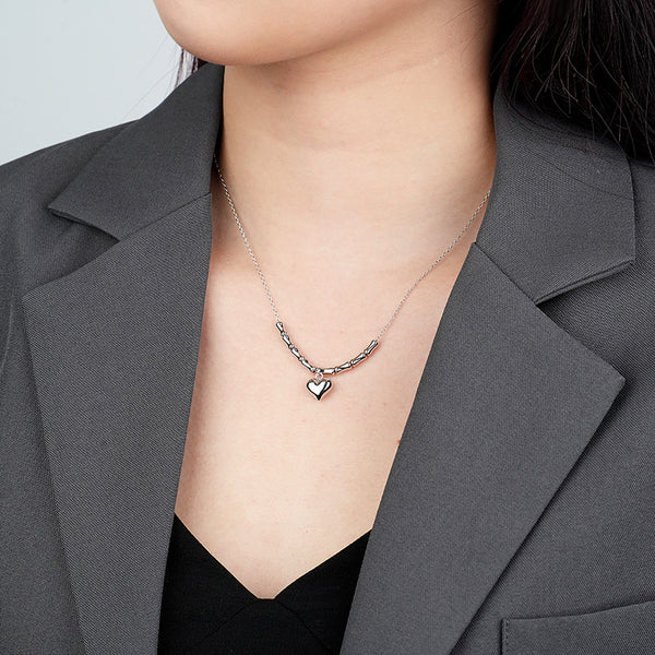 FX0963 925 Sterling Silver Plump Heart Pendant Bamboo Chain Clavicle Necklaces