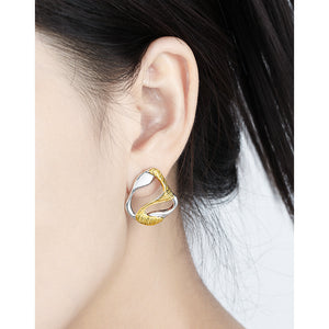 RHE1342 925 Sterling Silver Two-tone Geometric Cutout Textured Stud Earrings