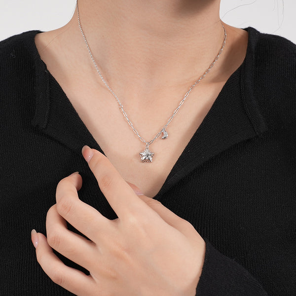 FX1066 925 Sterling Silver Zircon Star Crescent Moon Pendant Necklace