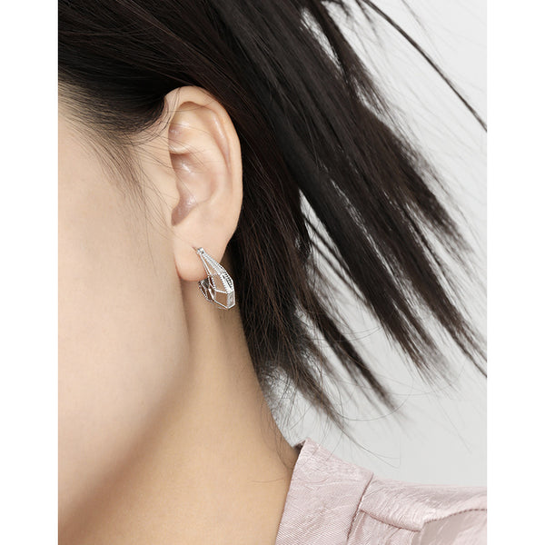 RHE1334 925 Sterling Silver Irregular Cut Bead Engraved U-Shaped Hoop Earrings