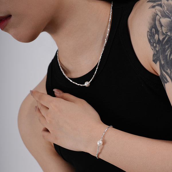 FS0338 925 Sterling Silver Shell Pearl Broken Silver Bracelet