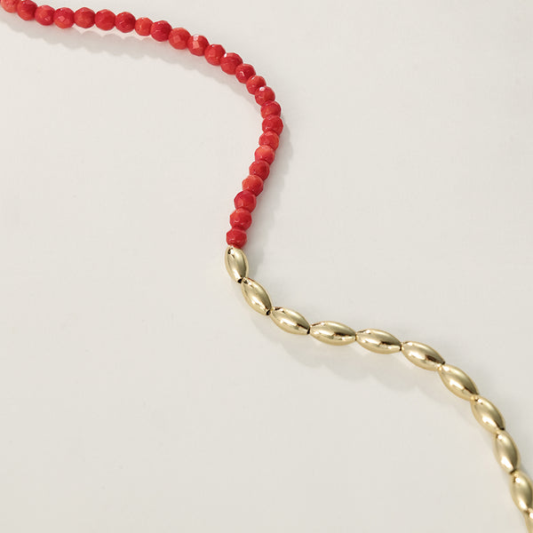 PN0094 925 Sterling Silver Gold Beaded Cut Red Coral Necklace