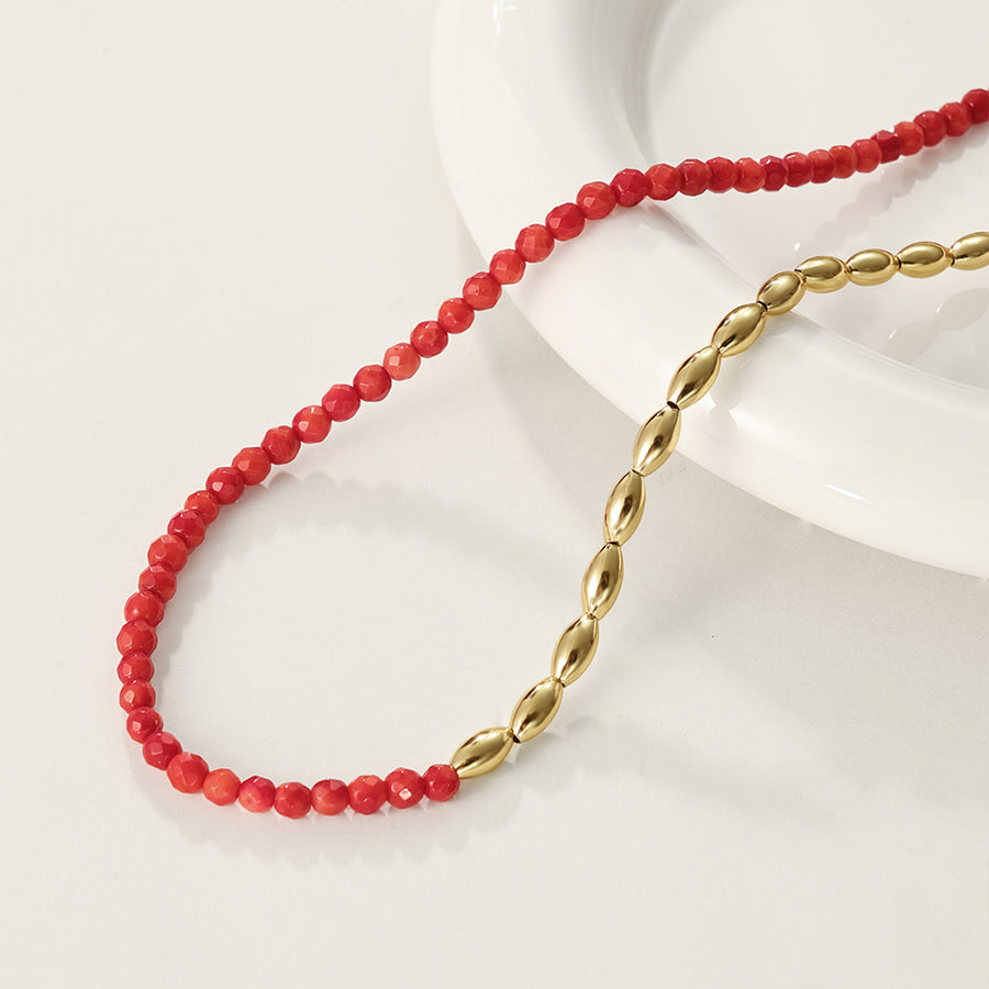 PN0094 925 Sterling Silver Gold Beaded Cut Red Coral Necklace
