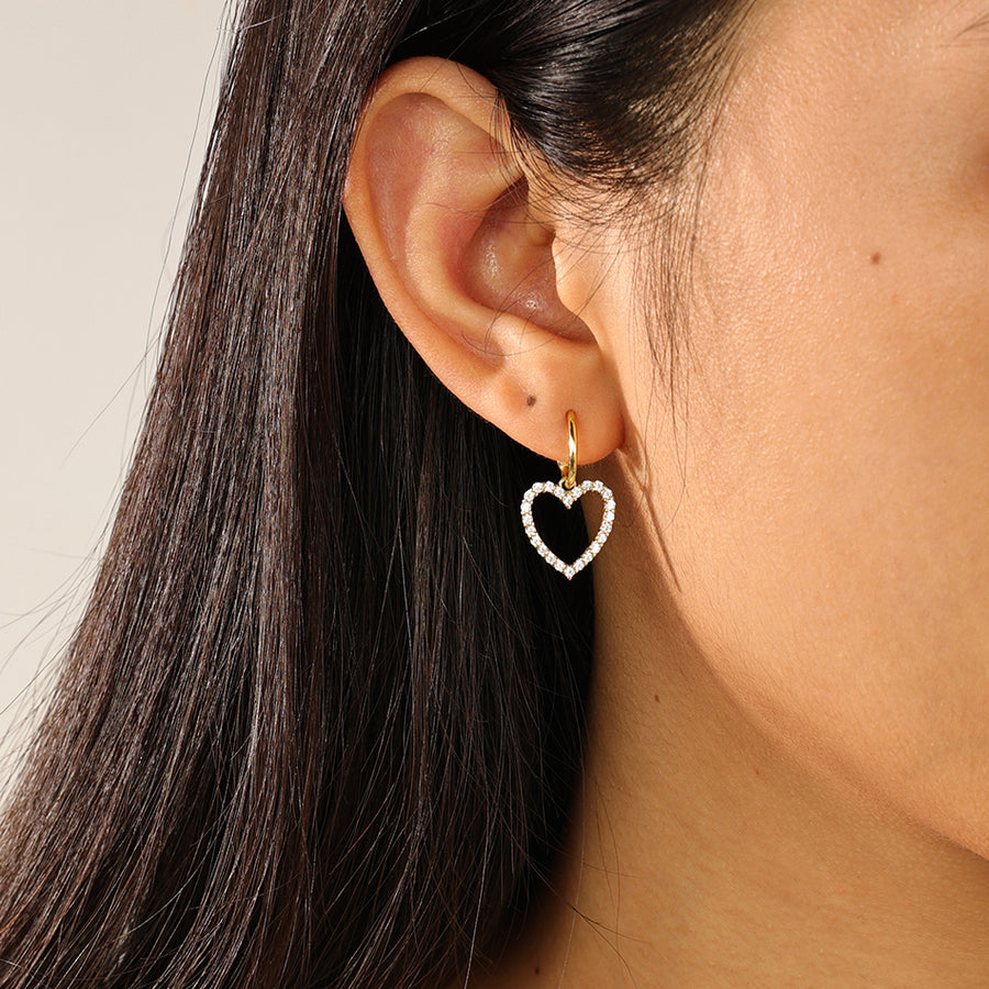 FE2373 925 Sterling Silver Cubic Zirconia Heart Dangle Hoop Earrings