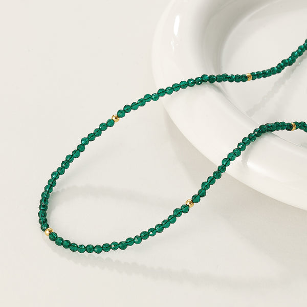 PN0086 925 Sterling Silver Vintage Green Crystal Bead Necklace