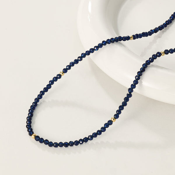 PN0085 925 Sterling Silver Gold Bead Dark Blue Crystal Charm Necklace