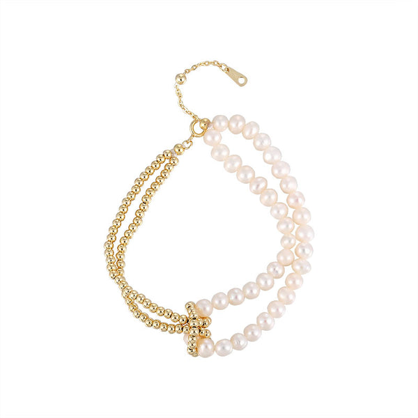 FS0358 925 Sterling Silver Layered Chain Pearl Beads Bracelet
