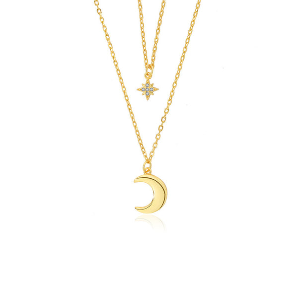 FX1021 925 Sterling Silver CZ Crescent Moon Star Stackd Necklaces
