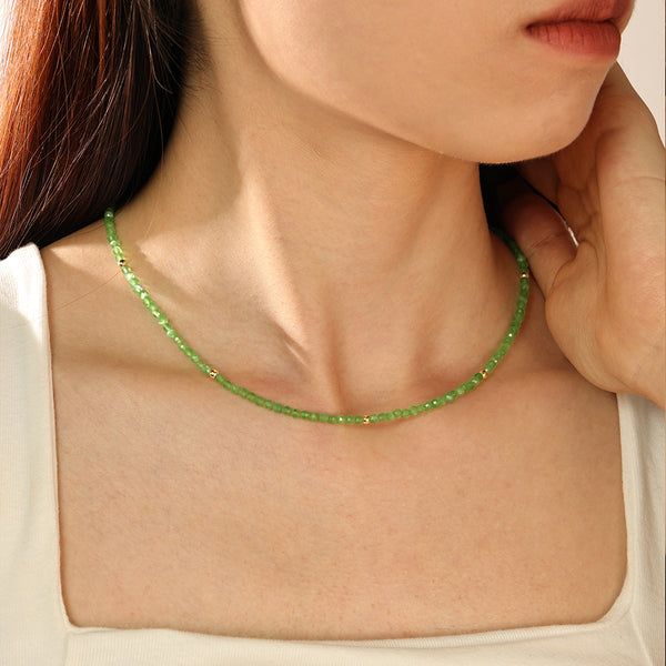 PN0082 925 Sterling Silver Green Crystal Gold Bead Neckalce