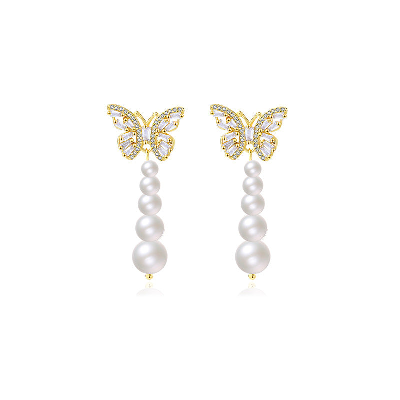 FE2660 925 Sterling Silver Zircon Butterfly Shell Pearl Stud Earrings