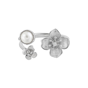 RHJ1194 925 Sterling Silver Cubic Zirconia Pearl Flower Open Ring
