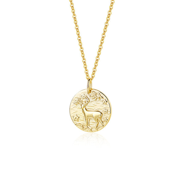 FX1103 925 Sterling Silver Texture Coin Engraving Elk Pendant Necklace