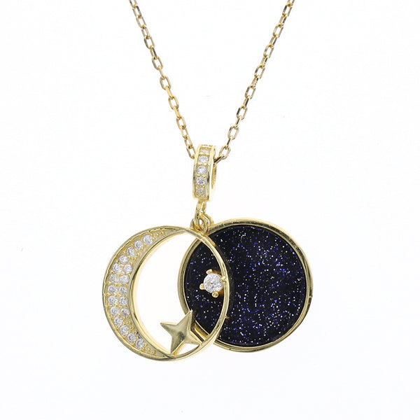 FX1159 925 Sterling Silver Moon and Star Universe Pendant Necklace