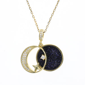 FX1159 925 Sterling Silver Moon and Star Universe Pendant Necklace