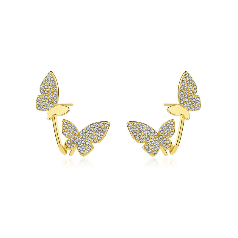 FE2707 925 Sterling Silver Cubic Zirconia Double Butterfly Stud Earrings