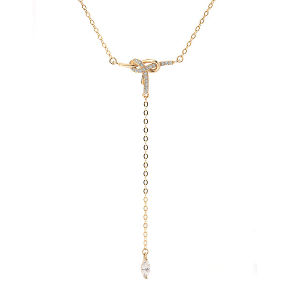 FX1047 925 Sterling Silver Cubic Zirconia Simple Tassel Bow Necklace