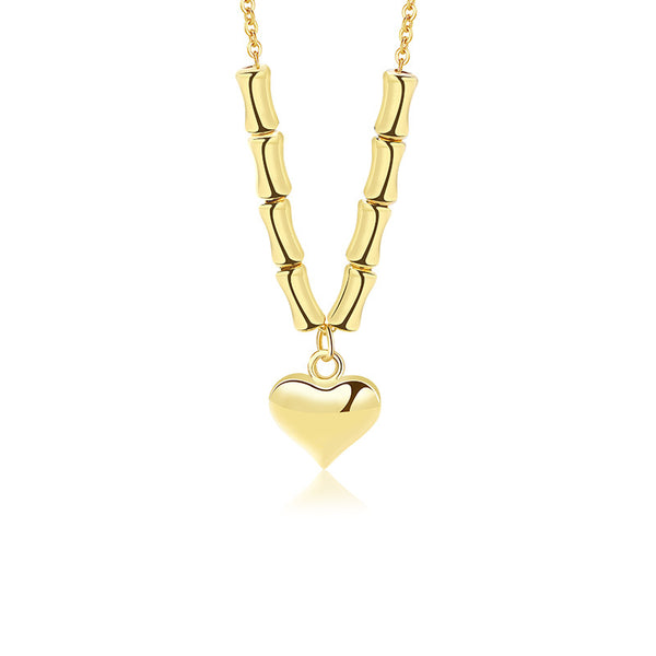 FX0963 925 Sterling Silver Plump Heart Pendant Bamboo Chain Clavicle Necklaces