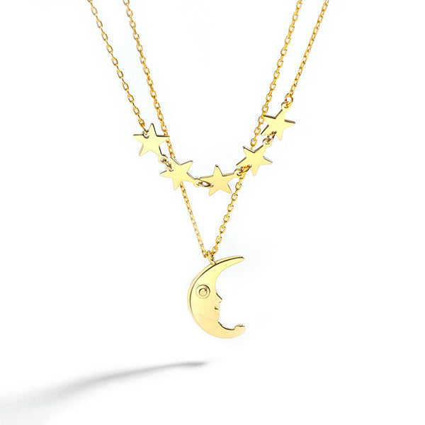FX1155 925 Sterling Silver Layer Star and Crescent Moon Necklace