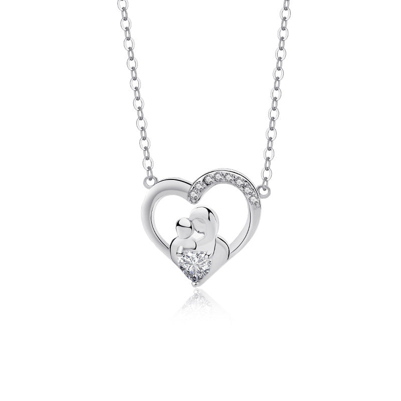 FX1070 925 Sterling Silver Zircon Maternal Love Hug Heart Necklace