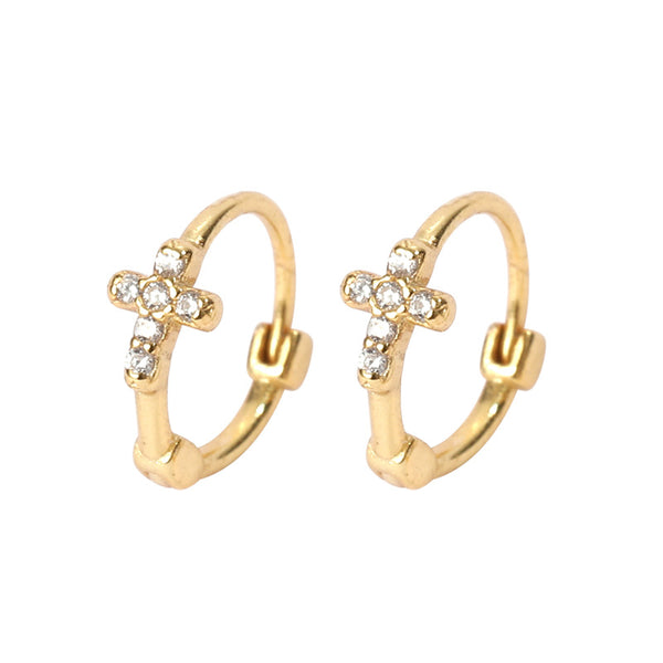 FE2552 925 Sterling Silver Dainty Cross CZ Stone Hoop Earring