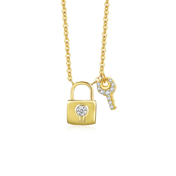 FX1119 925 Sterling Silver CZ Zircon Lock Key Pendant Necklace