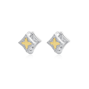 FE2489 925 Sterling Silver Four Pointed Star Contrasting Color Hoop Earrings