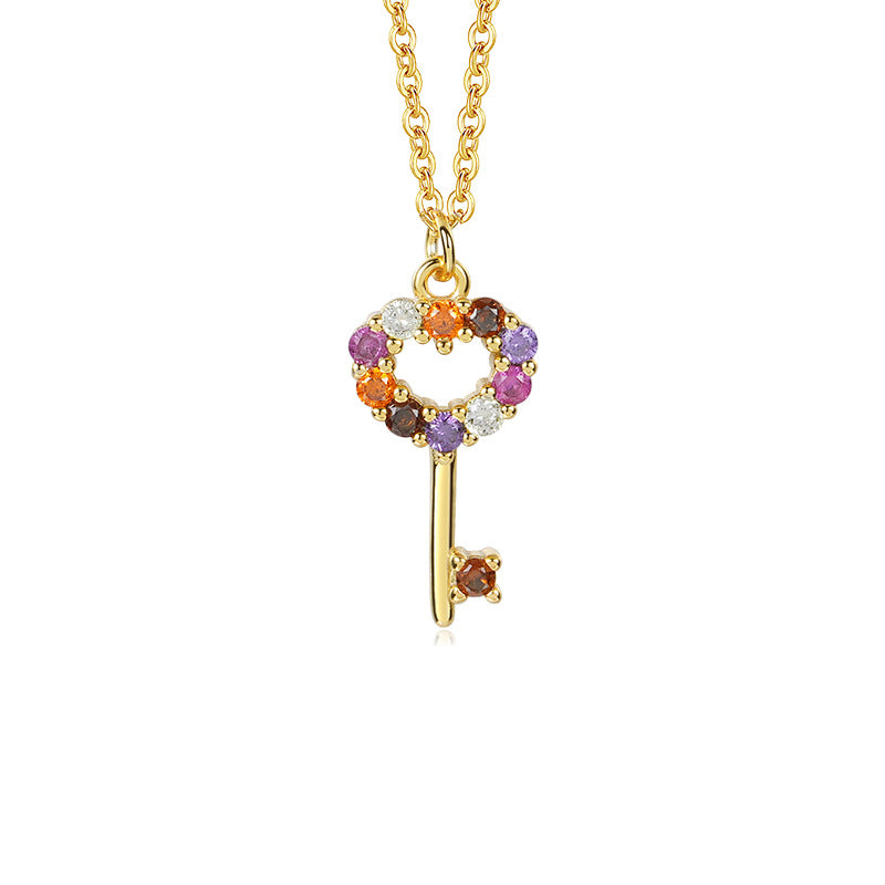 FX1084 925 Sterling Silver Rainbow Cubic Zirconia Key Pendant Necklace
