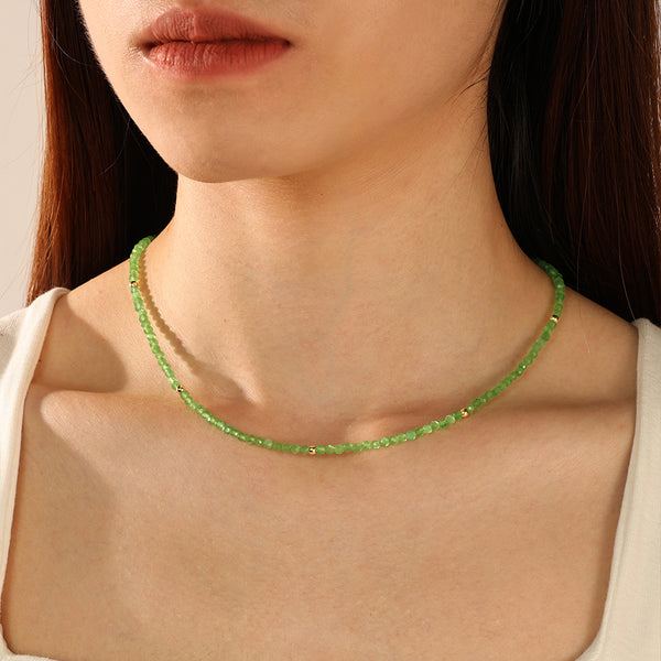 PN0082 925 Sterling Silver Green Crystal Gold Bead Neckalce
