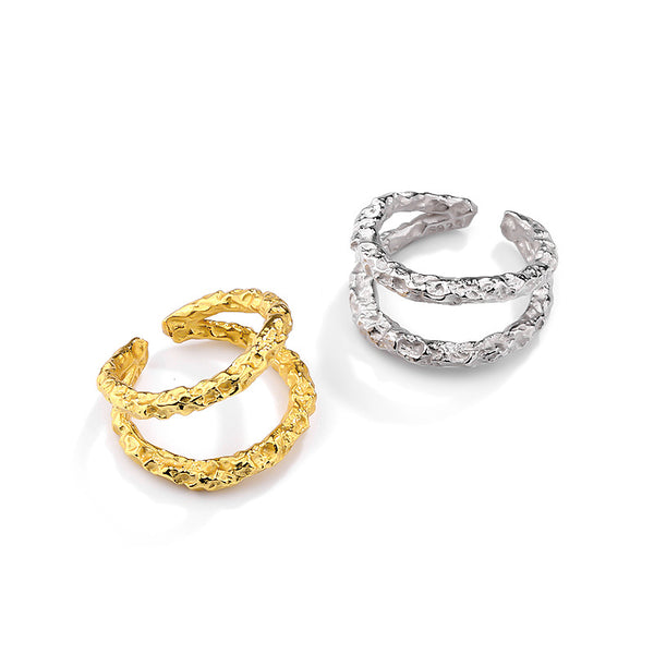 FJ0973 925 Sterling Silver Hammered Double Ring