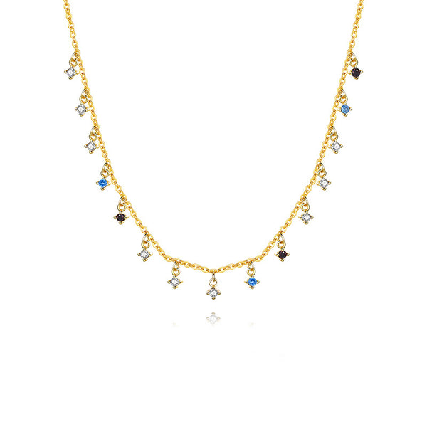 FX1009 925 Sterling Silver Rainbow Cubic Zirconia Tassel Clavicle Necklaces