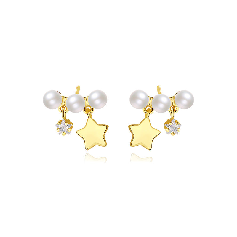 FE2654 925 Sterling Silver Temperament Five-pointed Star Shell Pearl Stud Earrings