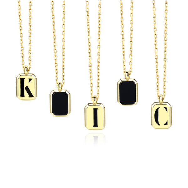FX0927 925 Sterling Silver 26 Letters Black Onyx Square Pendant Necklaces