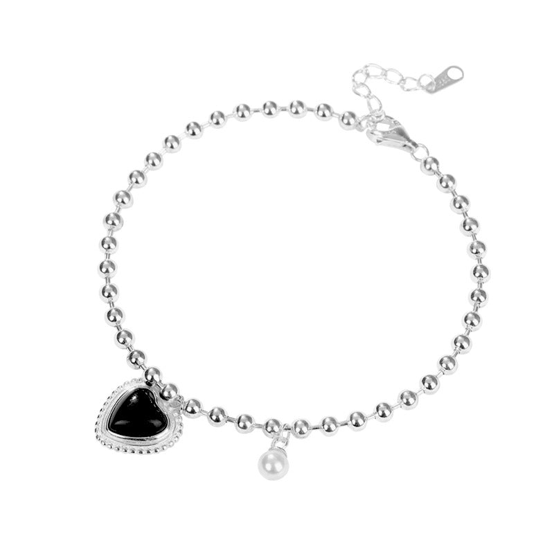 FS0324 925 Sterling Silver Heart Black Onyx Beaded Bracelet