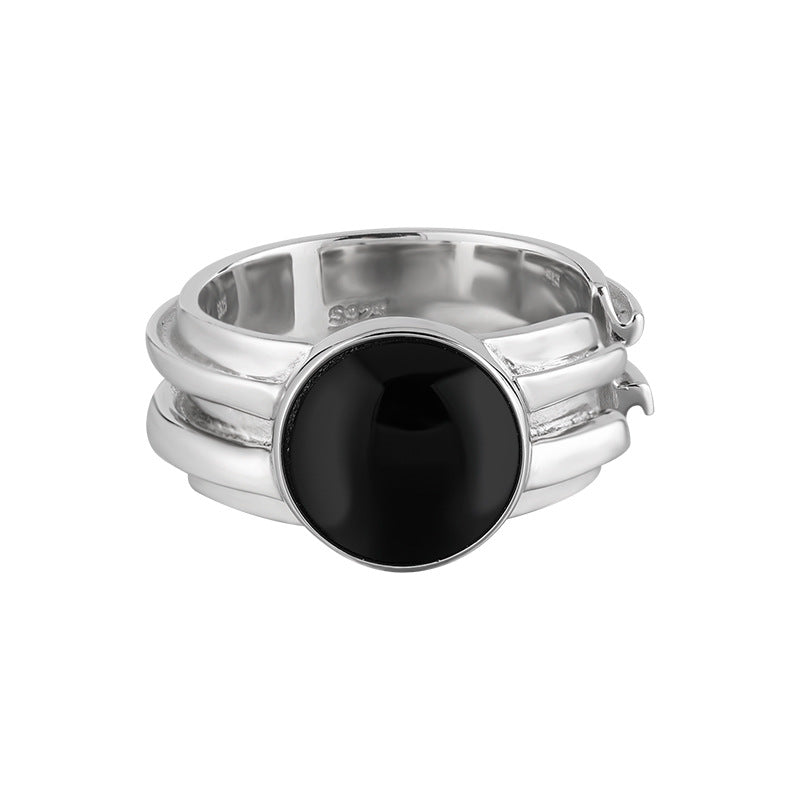 RHJ1172 925 Sterling Silver Geometric Round Wide Circle Black Onyx Open Ring
