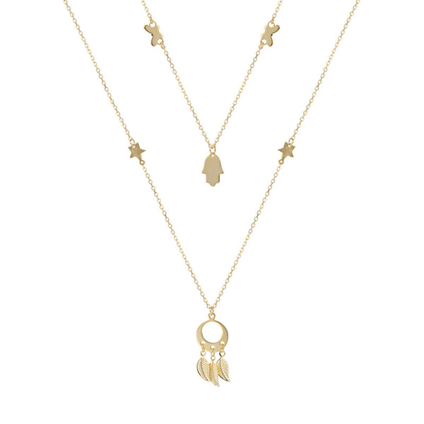 FX1048 925 Sterling Silver Dream Catcher Hamsa Hand Double Layer Necklace