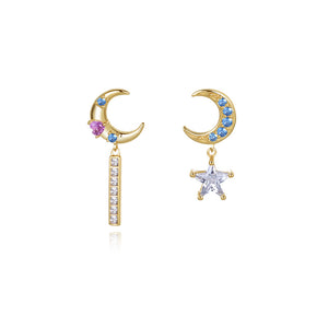 FE2581 925 Sterling Silver Colorful Moon Star CZ Stone Dangle Stud Earring