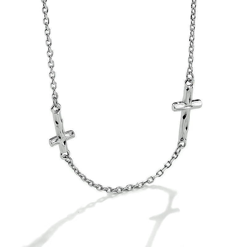 FX1151 925 Sterling Silver Double Cross Pendant Necklace