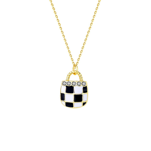 FX1089 925 Sterling Silver Black White  Enamel Checkerboard Necklace
