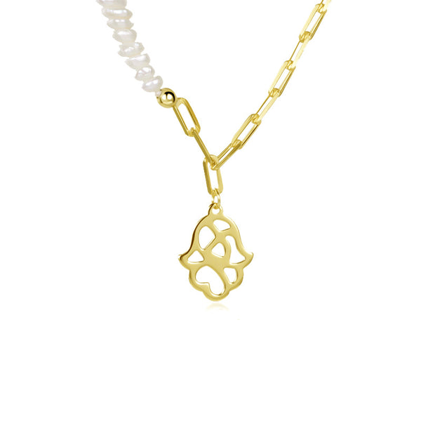 FX1085 925 Sterling Silver Hollow Hamsa Hand Pearl Necklace