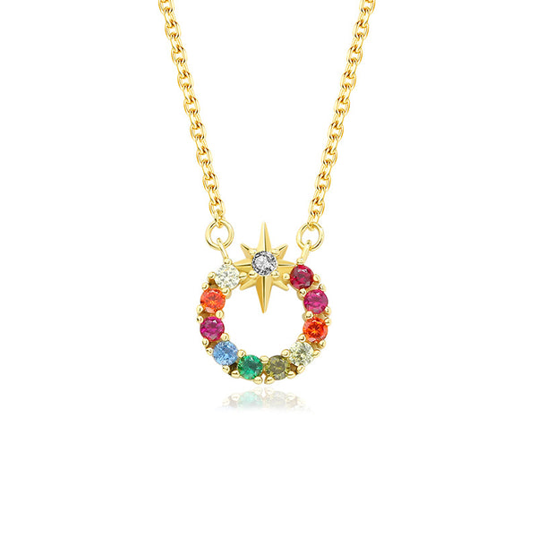 FX1006 925 Sterling Silver Colorful CZ Starburst Circle Pendant Necklaces