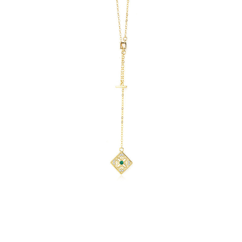 FX1102 925 Sterling Silver Vintage Emerald Rhombus Tassel Necklace