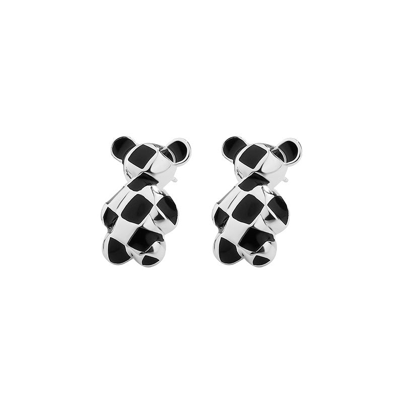 FE2630 925 Sterliang Silver Enamel Checkerboard Enamel Bear Stud Earring