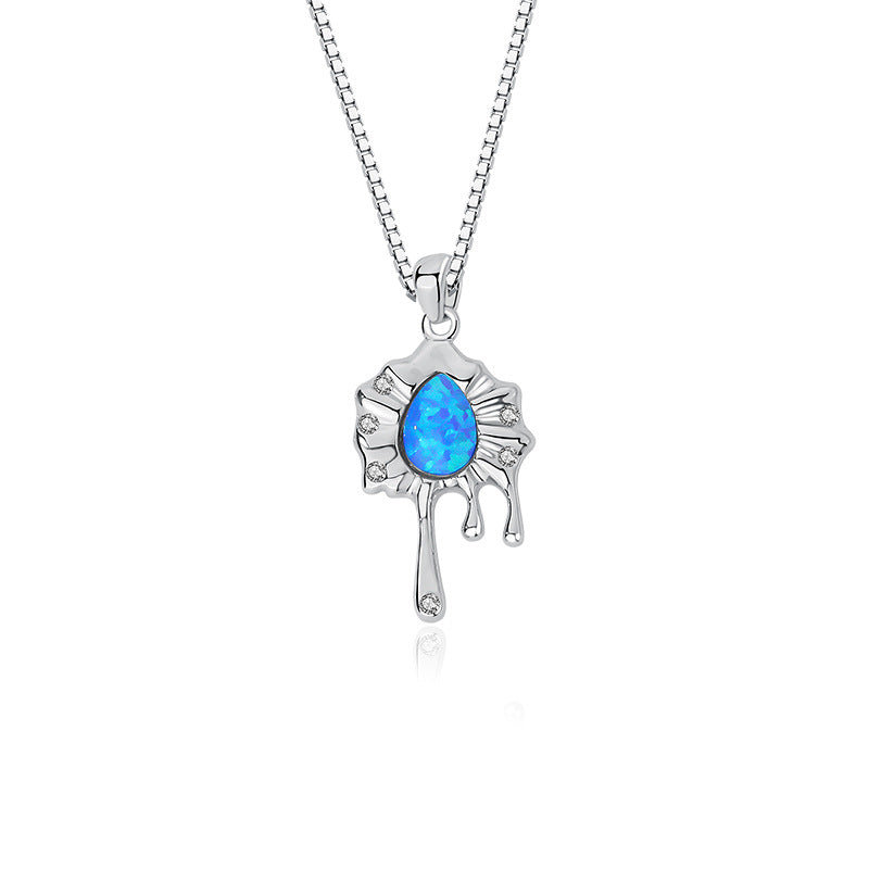 FX1075 925 Sterling Silver Lava Clavicle Drop Blue Opal Clavicle Necklace