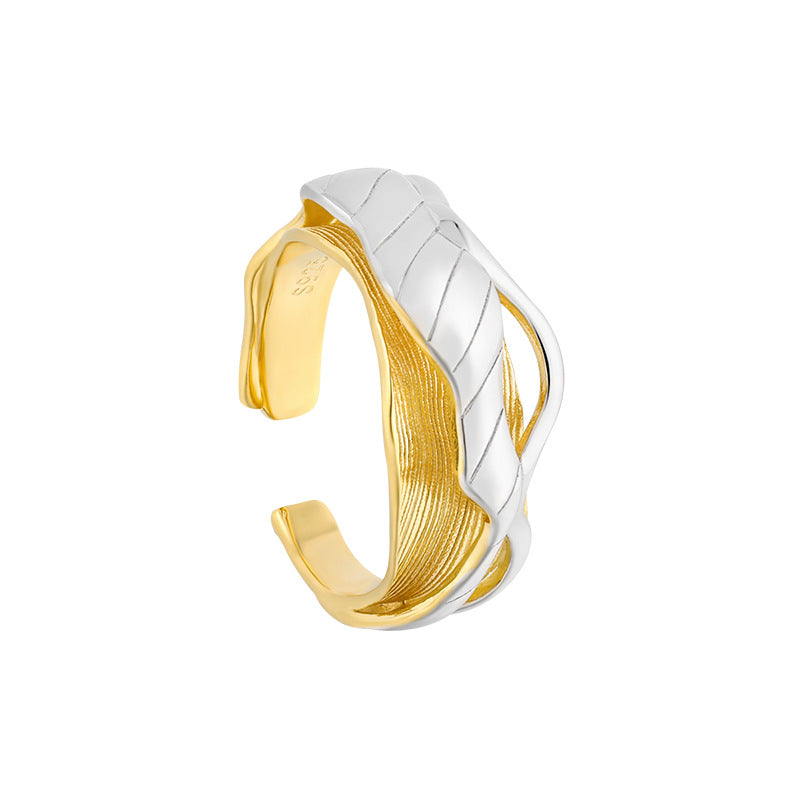 RHJ1196 925 Sterling Silver Two-tone Irregular Wave Design Open Ring