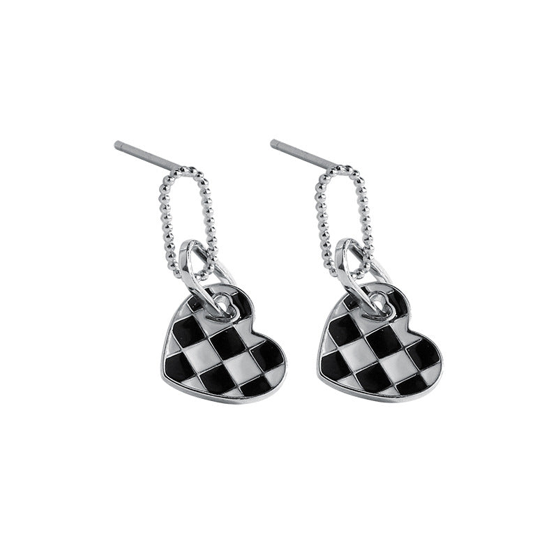 FE2590 925 Sterling Silver Checkerboard Love Heart Enamel Dangle Stud Earring