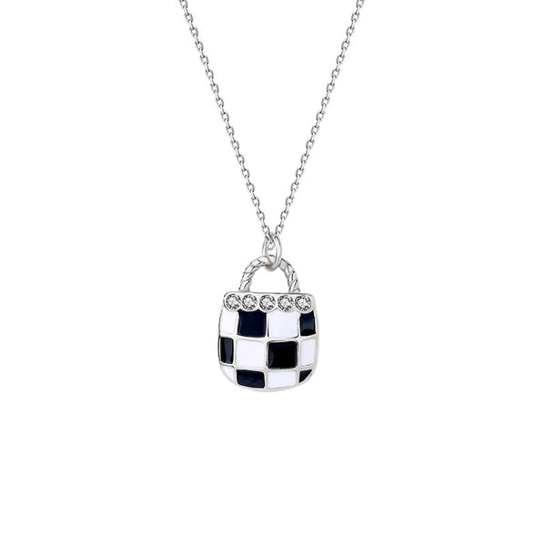 FX1089 925 Sterling Silver Black White  Enamel Checkerboard Necklace