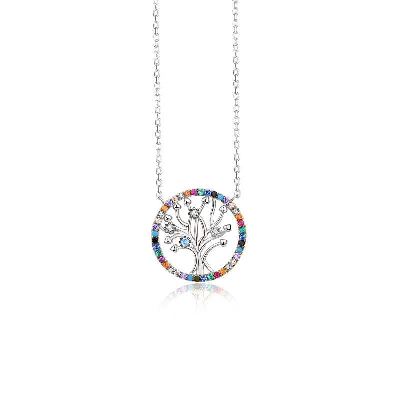 FX0999 925 Sterling Silver Rainbow Zirconia Life Of Tree Pendant Necklaces