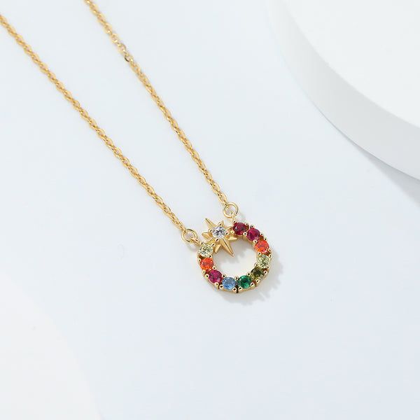 FX1006 925 Sterling Silver Colorful CZ Starburst Circle Pendant Necklaces