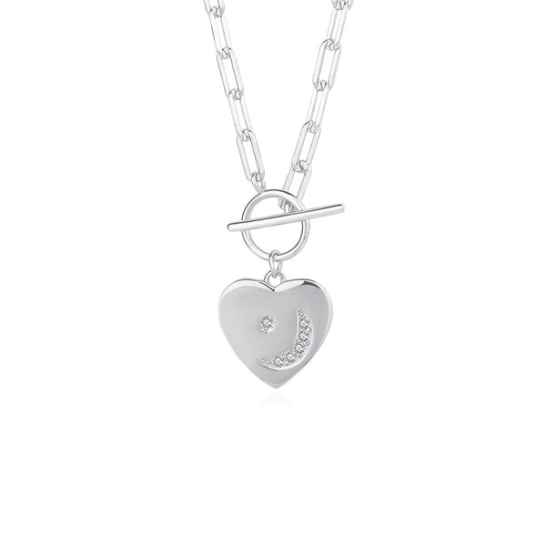 FX1092 925 Sterling Silver Zircon Crescent Moon Heart Toggle Necklace