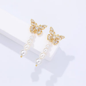 FE2660 925 Sterling Silver Zircon Butterfly Shell Pearl Stud Earrings